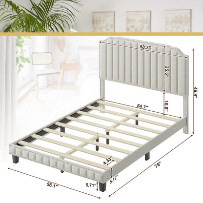 Goflame Queen/Full/Twin Size Upholstered Bed Frame, Linen Platform Bed w/Rivet Headboard, Heavy Duty Mattress Foundation