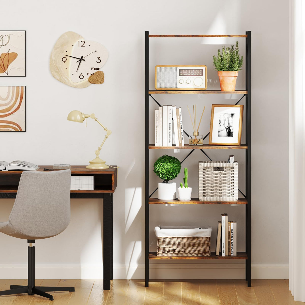 Goflame 5-Tier Bookshelf, Industrial Tall Bookcase with Open Storage Shelves & Heavy Duty Metal Frame