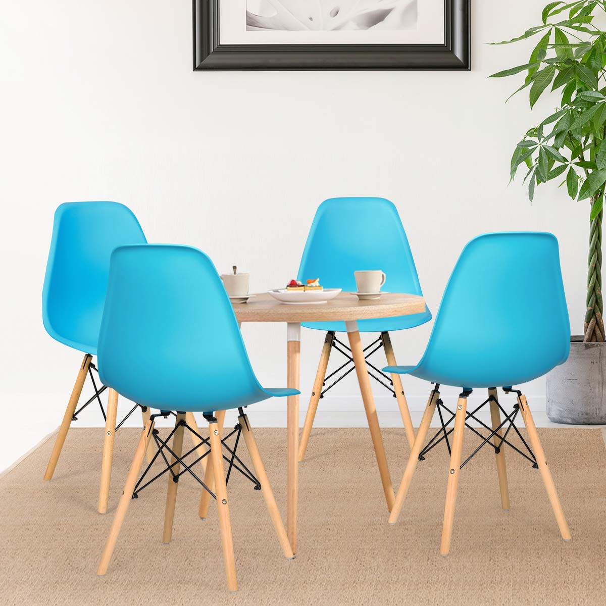 Goflame Dining DSW Chairs with Linen Cushion, Modern Mid Century Shell Chairs w/ Wood Legs