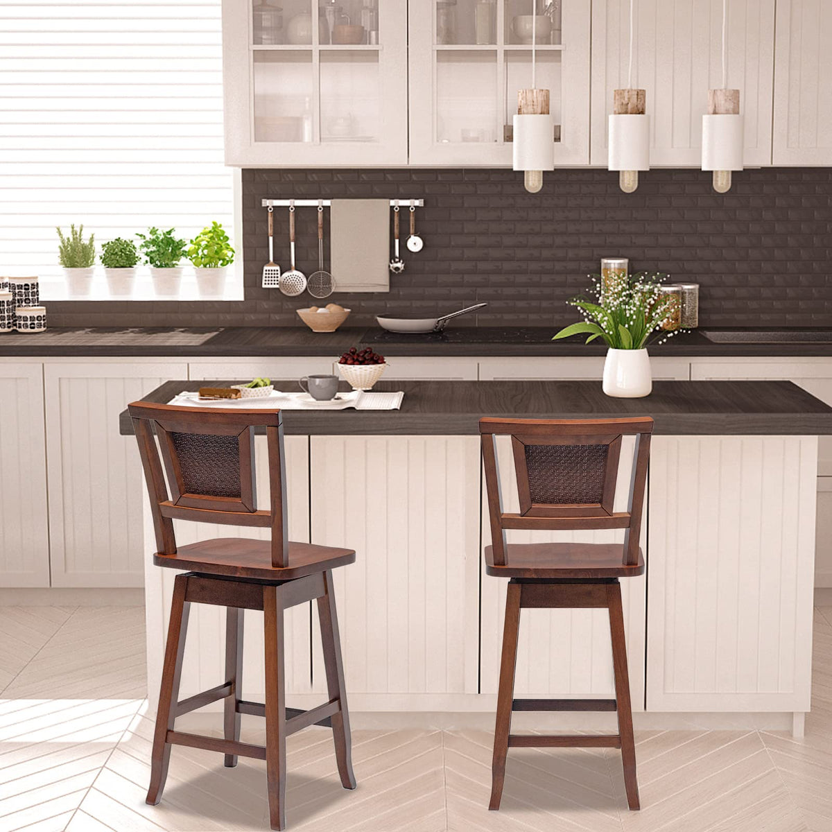 Goflame 24.5 Inch Counter Height Bar Stool with Rattan Back