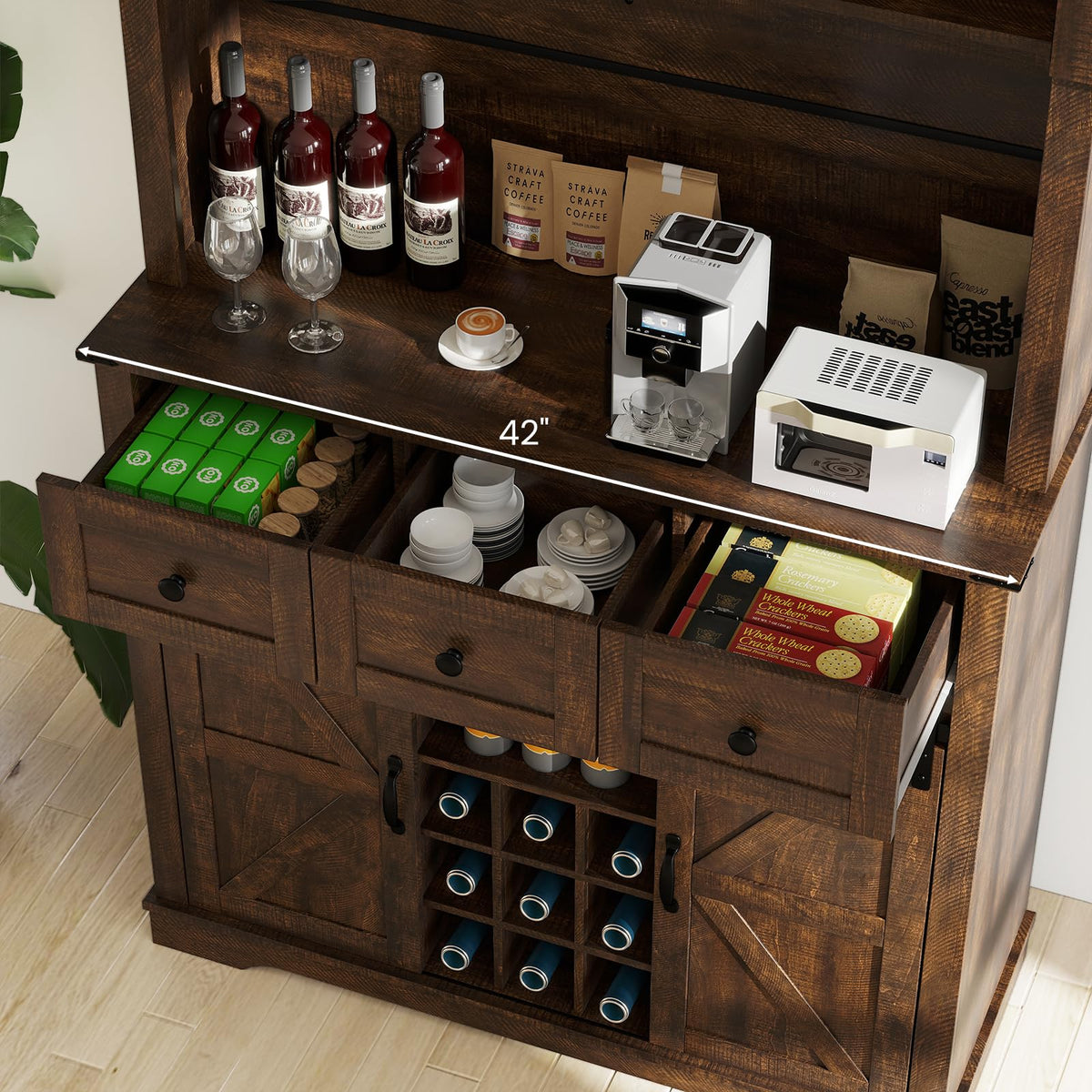 Goflame 72" Farmhouse Coffee Bar Cabinet w/Glass Doors & Wine Racks