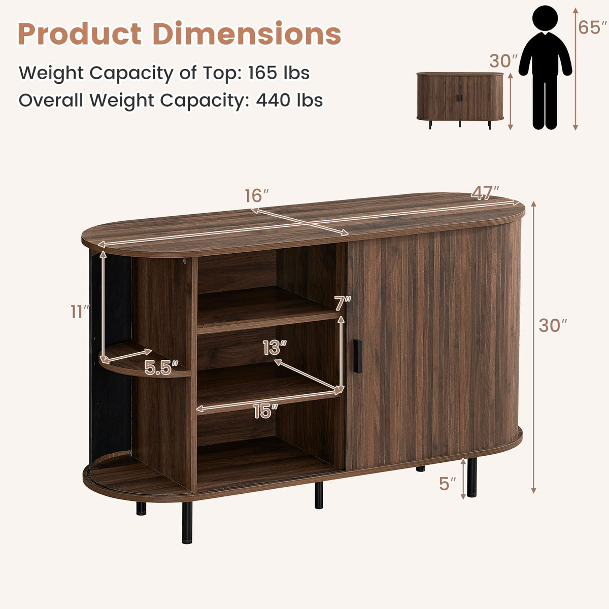 Goflame 47'' Fluted Sideboard Buffet Cabinet with Tambour Sliding Doors