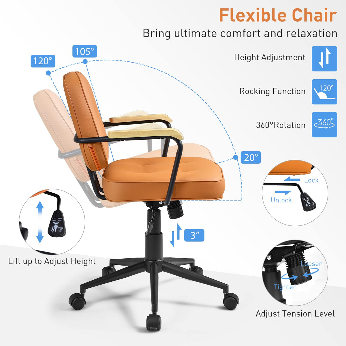 Goflame Home Office Chair, Height Adjustable PU Leather Desk Chair w/Rocking Backrest, Orange