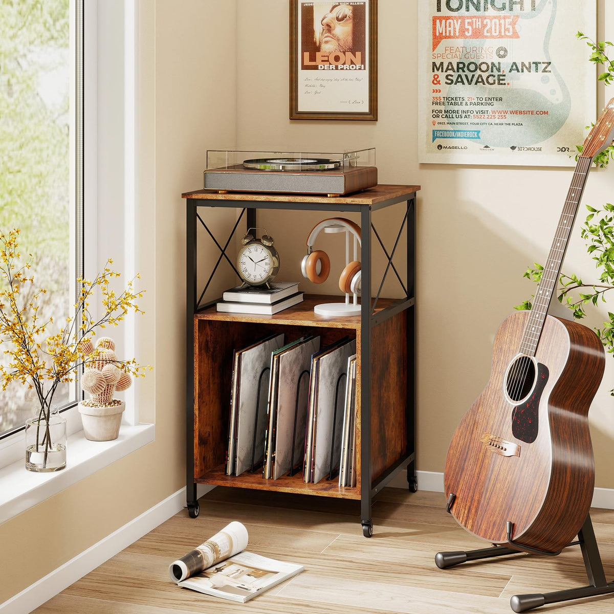 Goflame Record Player Stand with Charging Station Rolling 3-Tier Turntable Stand