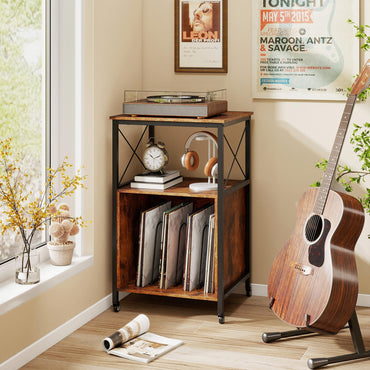 Goflame Record Player Stand with Charging Station Rolling 3-Tier Turntable Stand