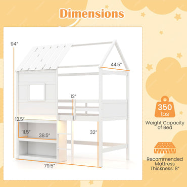 Goflame Twin Size Loft Bed with LED Lights Roof Window and Storage Bookshelf