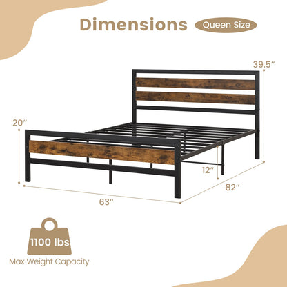 Goflame Queen Metal Platform Bed Frame with Wooden Headboard & Footboard, Rustic Brown