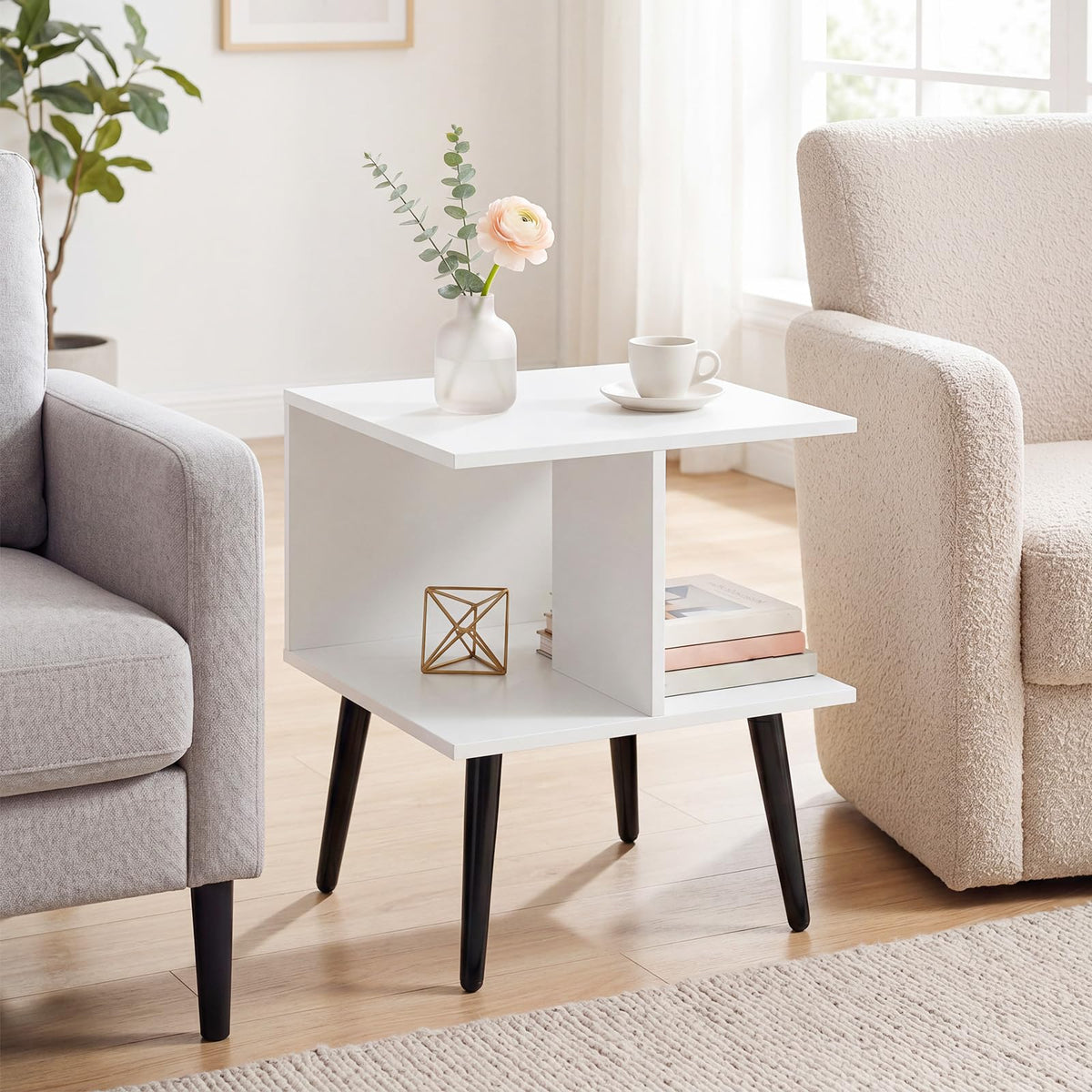 Goflame Mid Century Modern 2-Tier End Table with 2 Storage Compartments (1/2)
