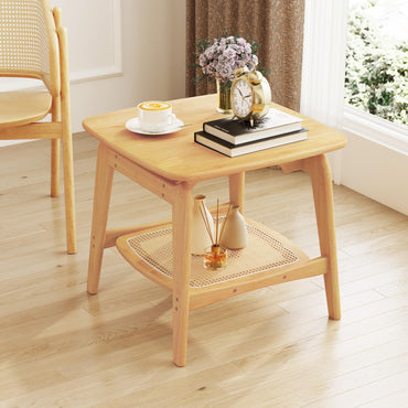 Goflame Rattan Side Table, Boho End Table with Storage Shelf, 2-Tier Bedside Table for Small Spaces
