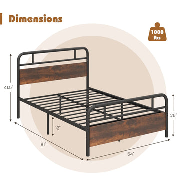 Goflame Full Size Metal Bed Frame with Wood Headboard and Footboard