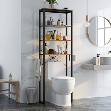Goflame Over The Toilet Storage Rack, 4-Tier Wooden Bathroom Space Saver w/Metal Frame & 2 Hooks