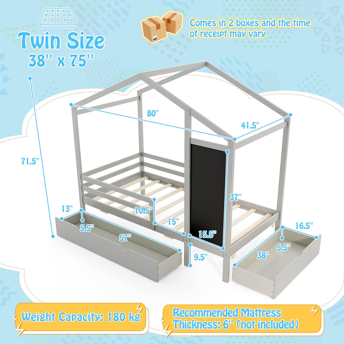 Goflame Twin Bed with 2 Storage Drawers, Solid Wood House Bed with Blackboard & Safety Guardrails