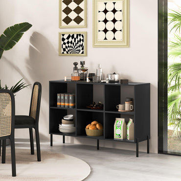 Goflame 6 Cube Bookcase, 3-Tier 47" Long Wood Bookshelf w/ 5 Metal Legs, Adjustable Shelf, Anti-toppling Device
