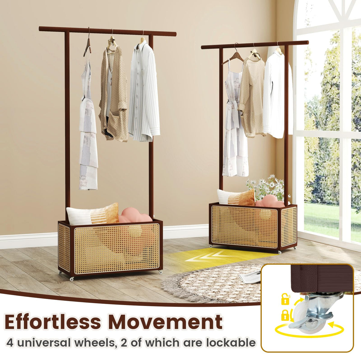 Goflame Bamboo Clothes Rack 2-In-1 Clothing Hanging Rail for Hallway Living Room Bedroom