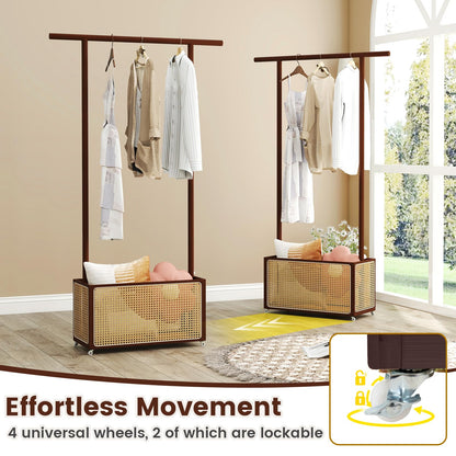 Goflame Bamboo Clothes Rack 2-In-1 Clothing Hanging Rail for Hallway Living Room Bedroom