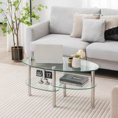 Goflame Oval Glass Coffee Table - 3-Tier Transparent Tempered Glass Center Table with Metal Stand, 35"× 20" ×18"