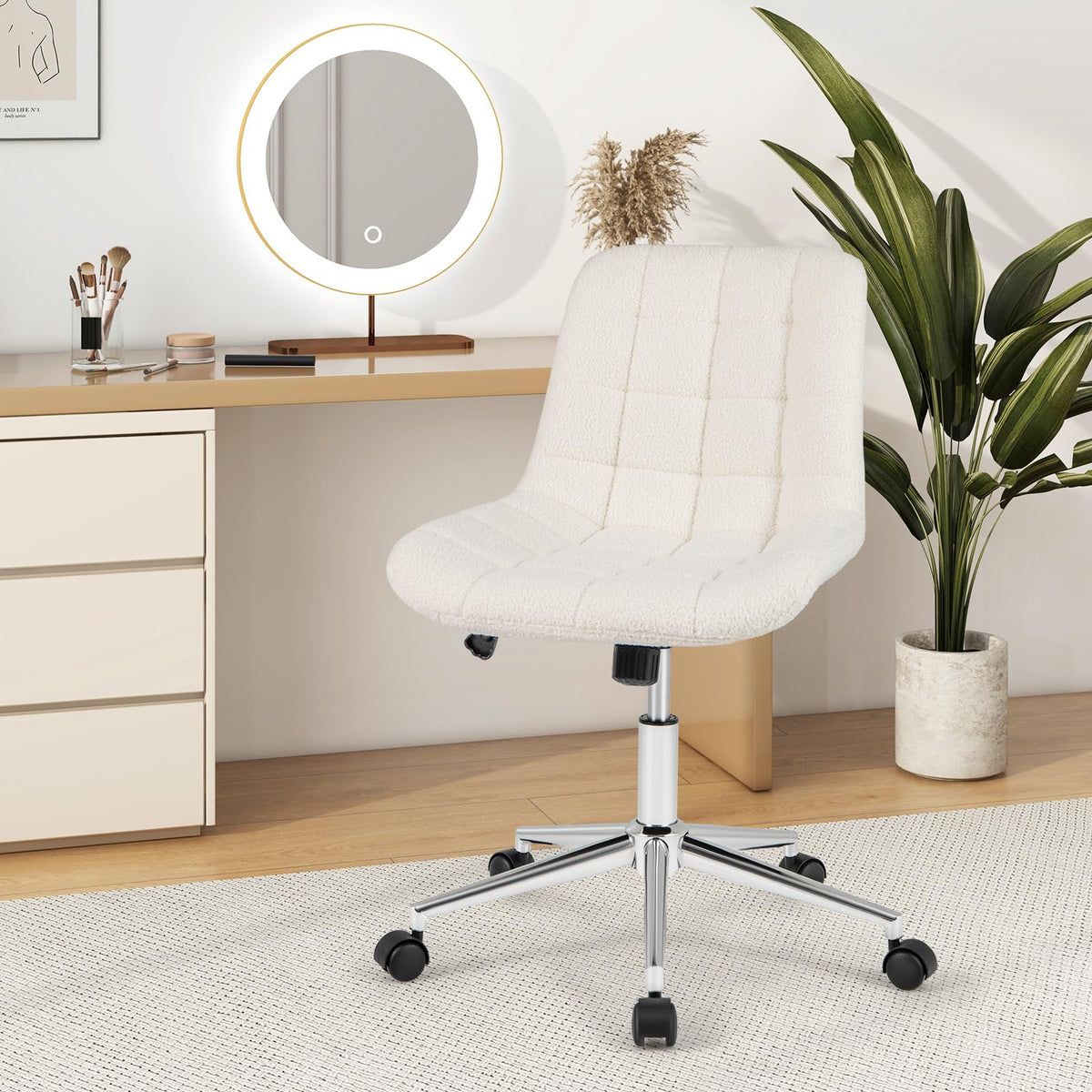 Goflame Armless Office Chair, Modern Faux Fur White Vanity Chair with Wheels & Adjustable Height