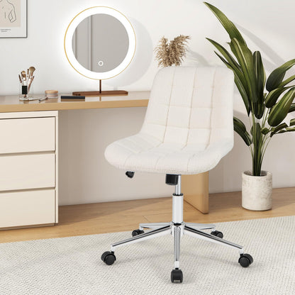 Goflame Armless Office Chair, Modern Faux Fur White Vanity Chair with Wheels & Adjustable Height
