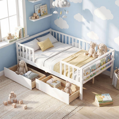 Goflame Full Kids Bed with Storage Drawers Wood Montessori Bed