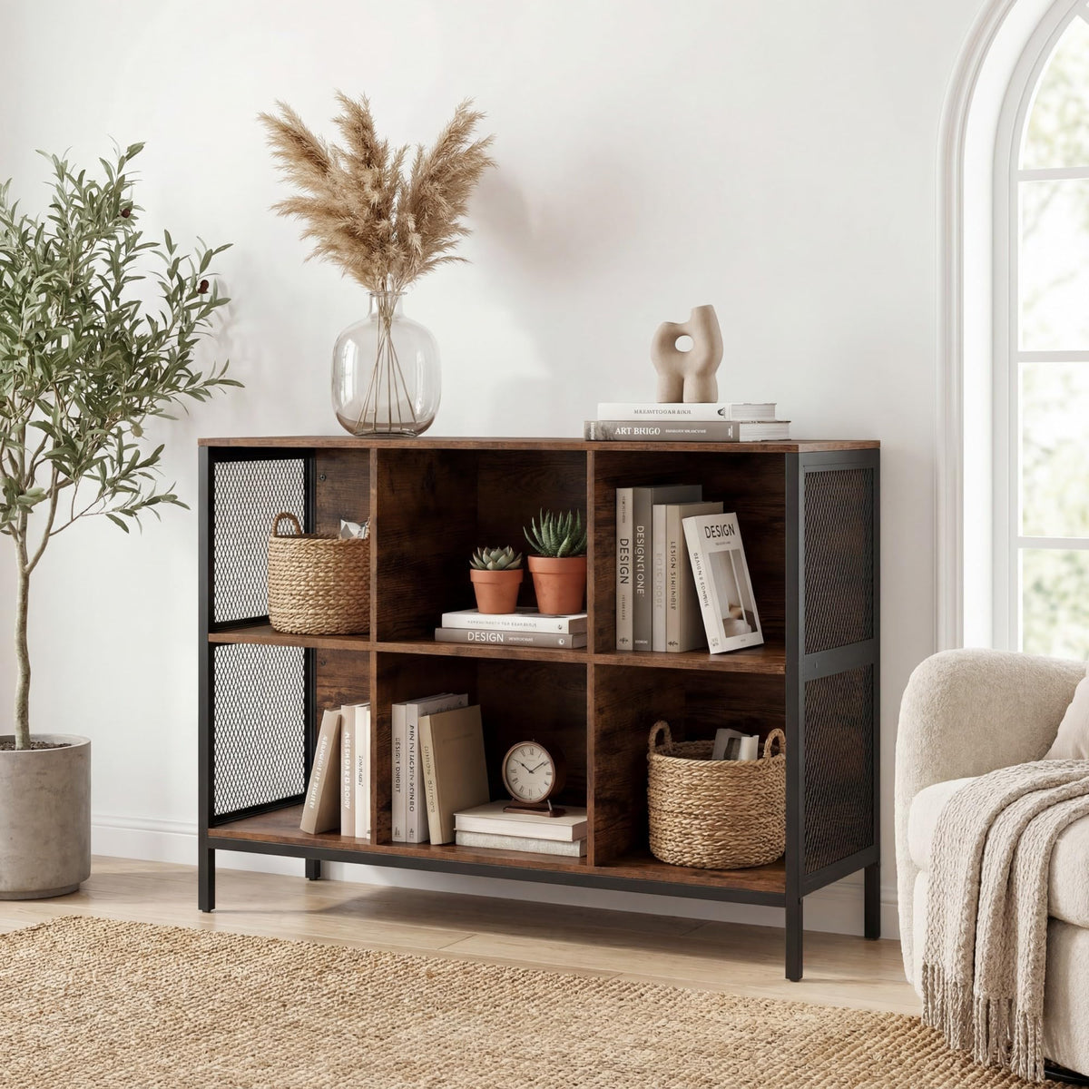 Goflame Industrial Accent 42" Wide Bookcase with 6 Cubes