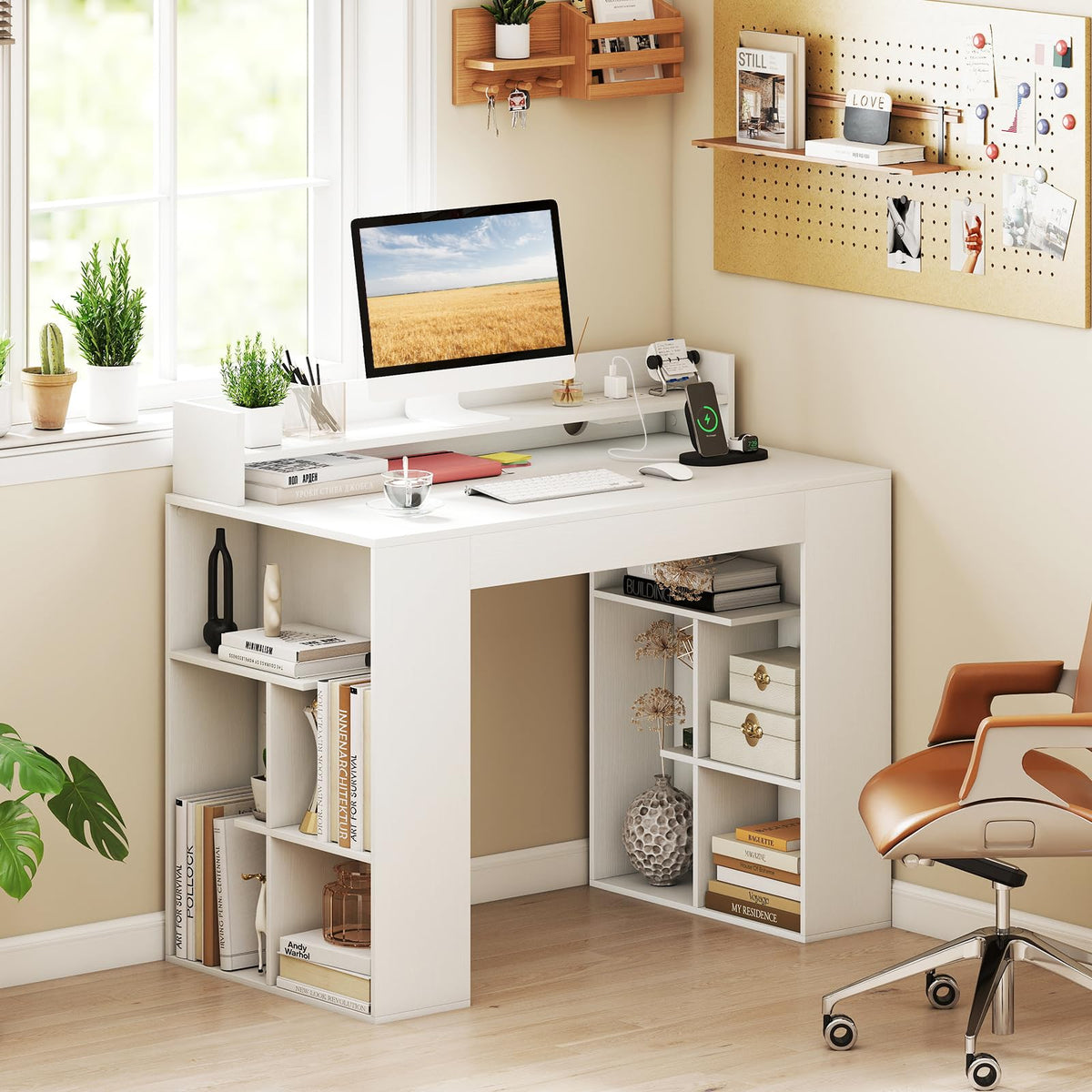 Goflame White Desk with Storage Shelves
