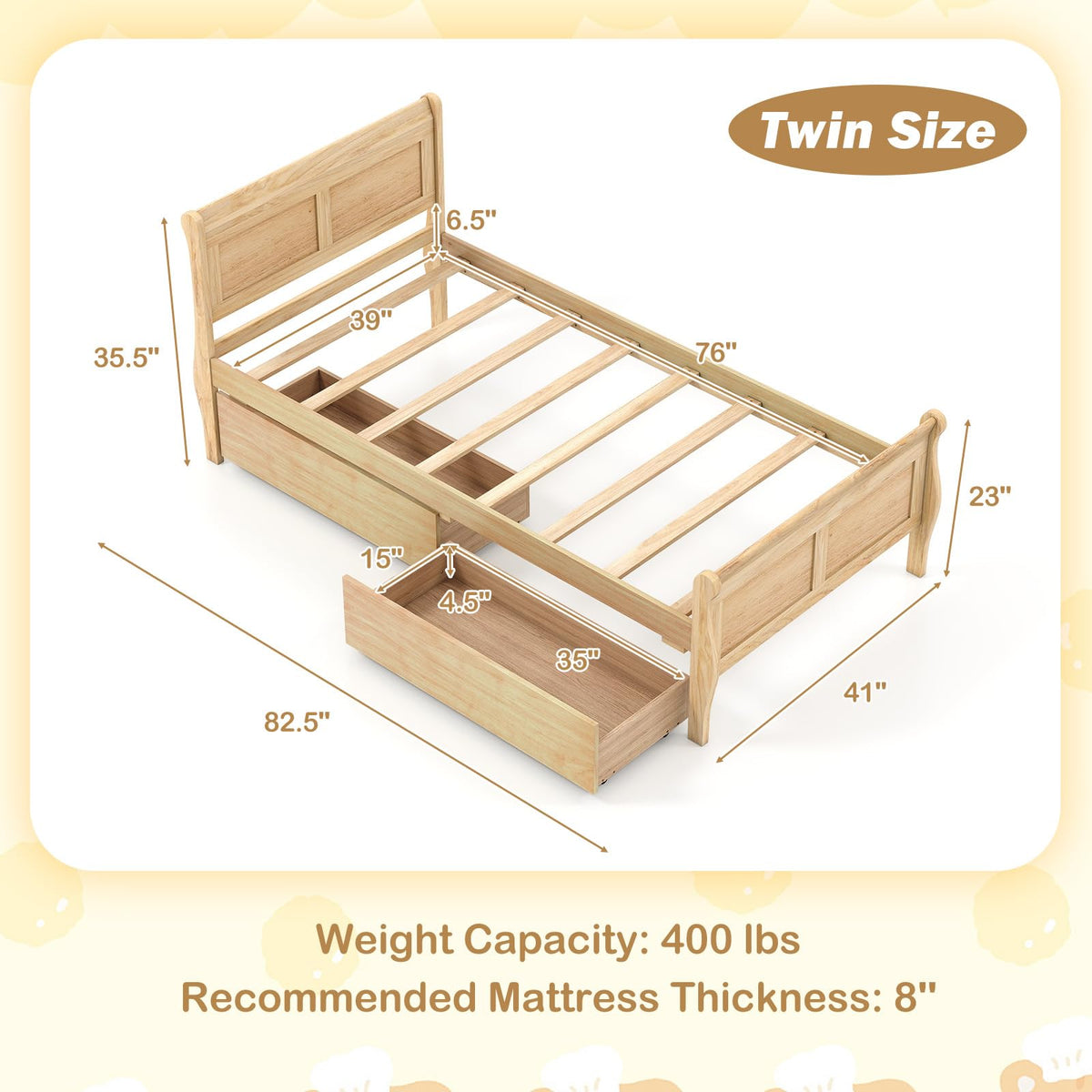 Goflame Twin/ Full/ Queen Bed with 2 Storage Drawers Wood Platform Bed with Headboard & Footboard