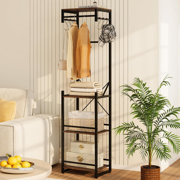 Goflame Freestanding Coat Rack with 4 Storage Shelves and 6 Hooks