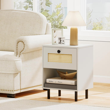 Goflame Rattan Nightstand Boho End Table with Rattan Drawer and Open Shelf