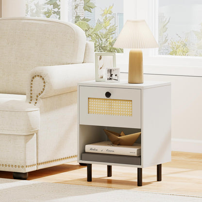 Goflame Rattan Nightstand Boho End Table with Rattan Drawer and Open Shelf