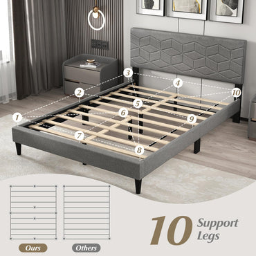 Goflame Queen/Full/Twin Size Upholstered Bed Frame Modern Platform Bed with Linen Fabric Geometric Headboard