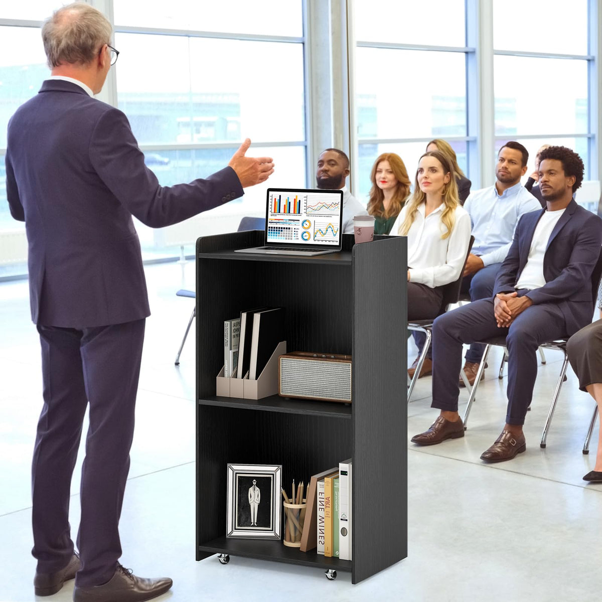 Goflame Portable Podium Stand, Lectern Podium with 2 Storage Shelves, 4 Universal Wheels, Mobile Speaking Podium Hostess Stand Pulpits