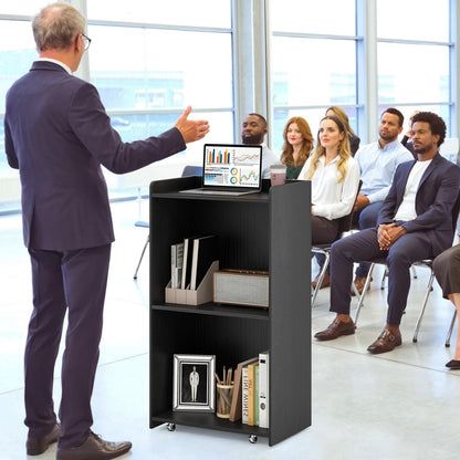 Goflame Portable Podium Stand, Lectern Podium with 2 Storage Shelves, 4 Universal Wheels, Mobile Speaking Podium Hostess Stand Pulpits