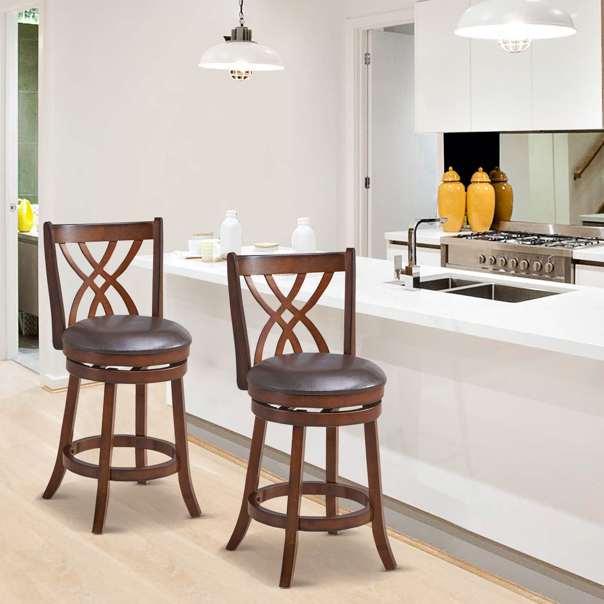 Goflame Brown Bar Stools PU Leather Cushioned Seat and Footrests, for Kitchen Island