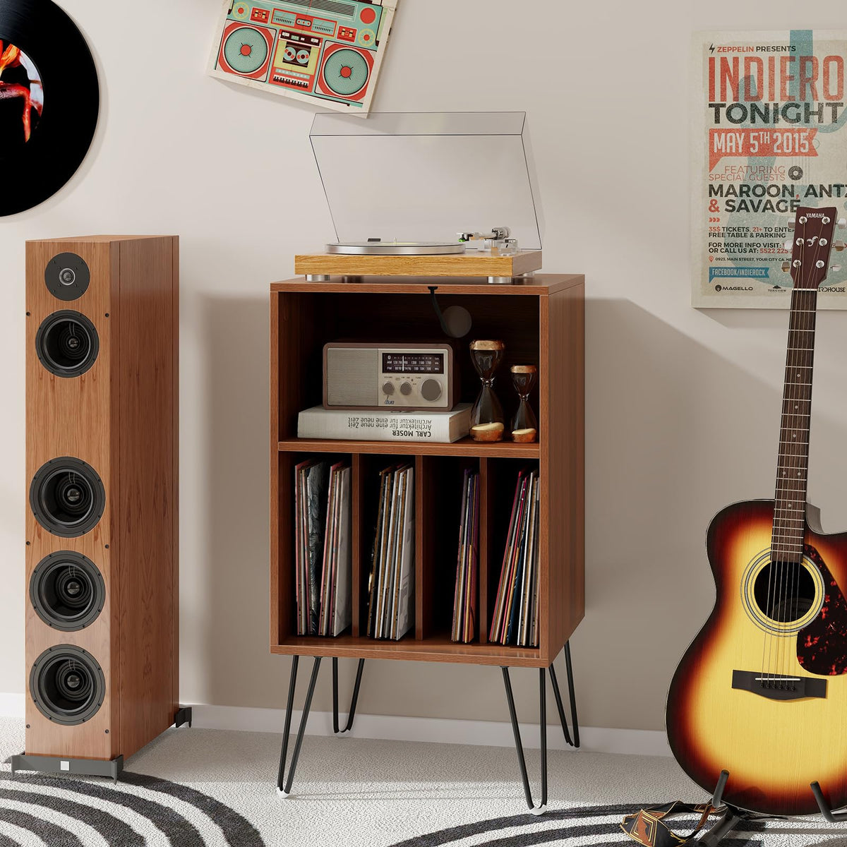 Goflame Record Player Stand with Charging Station Turntable Cabinet with Record Storage & Metal Legs