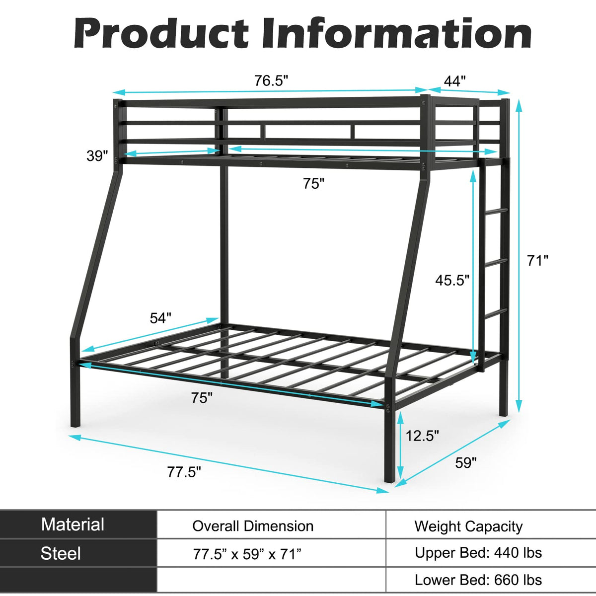 Goflame Metal Bunk Bed, Twin Over Full Size Bed w/ Removable Ladder & Steel Slats Support