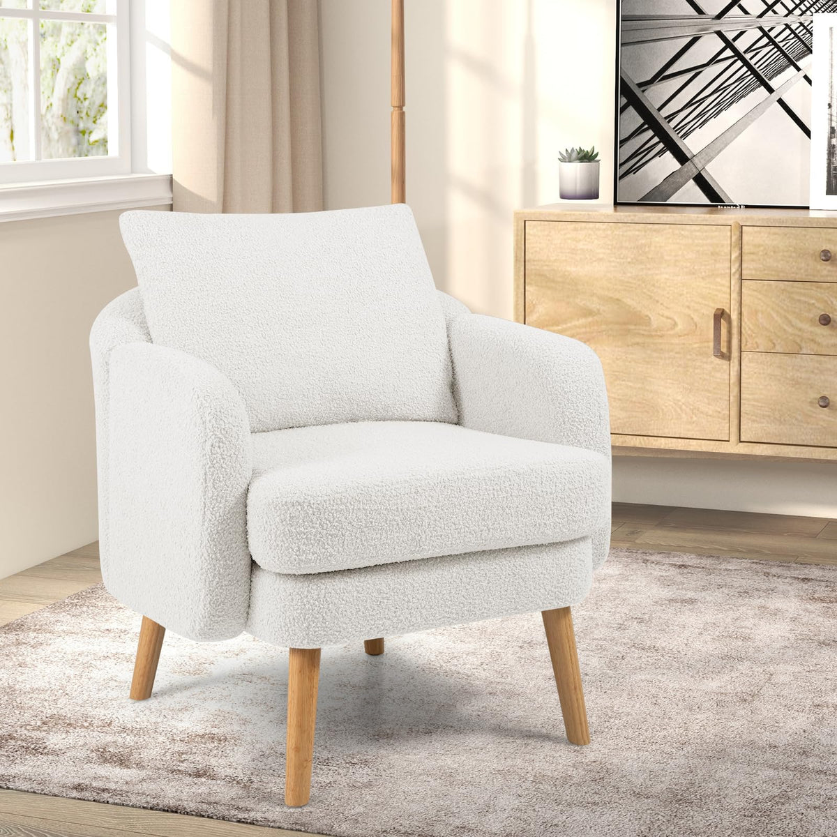 Goflame Sherpa Accent Chair, Modern Upholstered Single Sofa Chair with Back Pillow & Solid Rubber Wood Legs