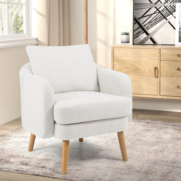 Goflame Sherpa Accent Chair, Modern Upholstered Single Sofa Chair with Back Pillow & Solid Rubber Wood Legs