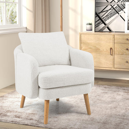 Goflame Sherpa Accent Chair, Modern Upholstered Single Sofa Chair with Back Pillow & Solid Rubber Wood Legs