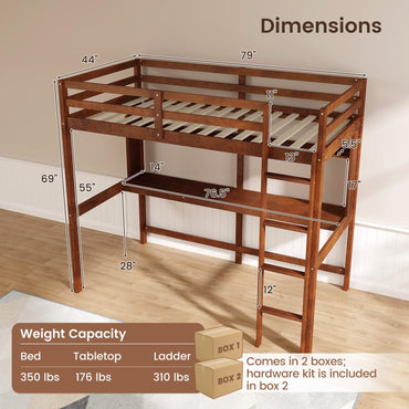Goflame Twin Loft Bed with Desk and Bookshelf, Wooden Bed Frame with Safety Guardrail & Ladder