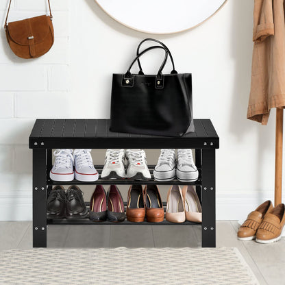 Goflame Entryway Shoe Bench, Bamboo Shoe Shelf Organizer Holds up to 6 Pairs