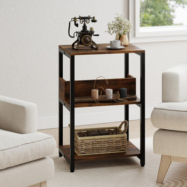 Goflame Side Table with Charging Station - Industrial 3-Tier Bedside Table w/Open Storage Shelves