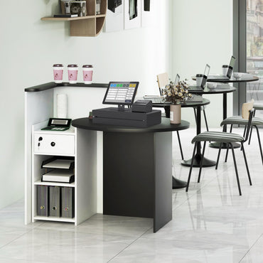 Goflame Reception Desk, Front Counter Desk with Lockable Drawer, Checkout Table with Round Tabletop