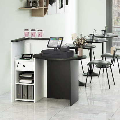 Goflame Reception Desk, Front Counter Desk with Lockable Drawer, Checkout Table with Round Tabletop