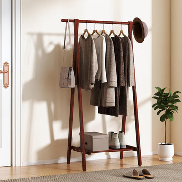 Goflame Folding Rubber Wood Clothes Hanging Rack Standing Garment Rack with Bottom Storage Shelf
