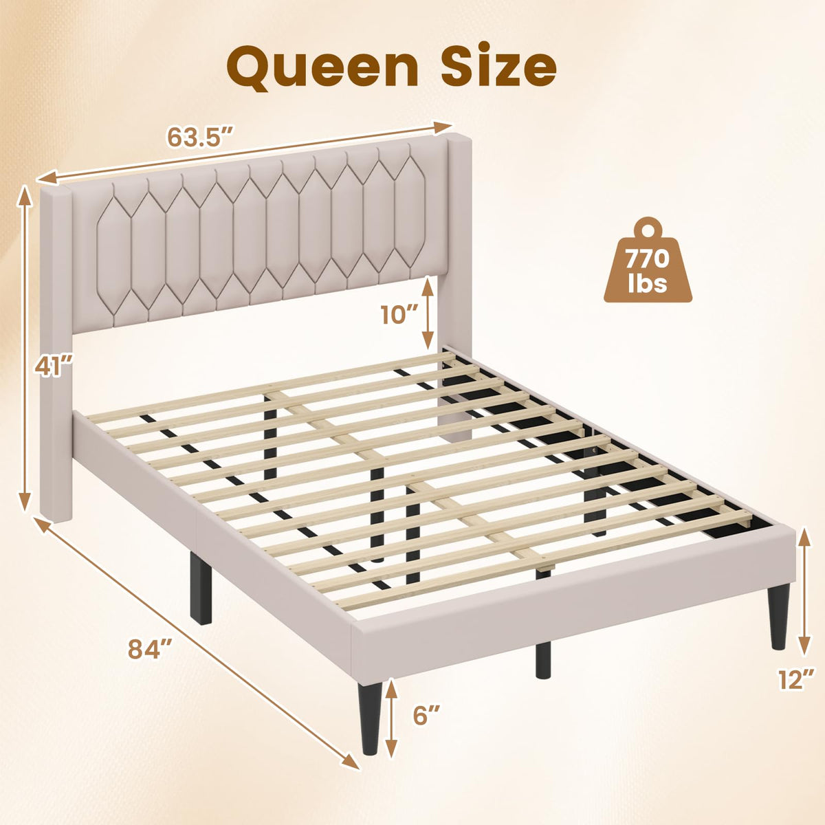Goflame Queen Size Dutch Velvet/Linen Fabric Upholstered Platform Bed with Wingback Headboard and Wooden Slat Support