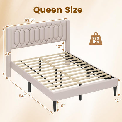 Goflame Queen Size Dutch Velvet/Linen Fabric Upholstered Platform Bed with Wingback Headboard and Wooden Slat Support