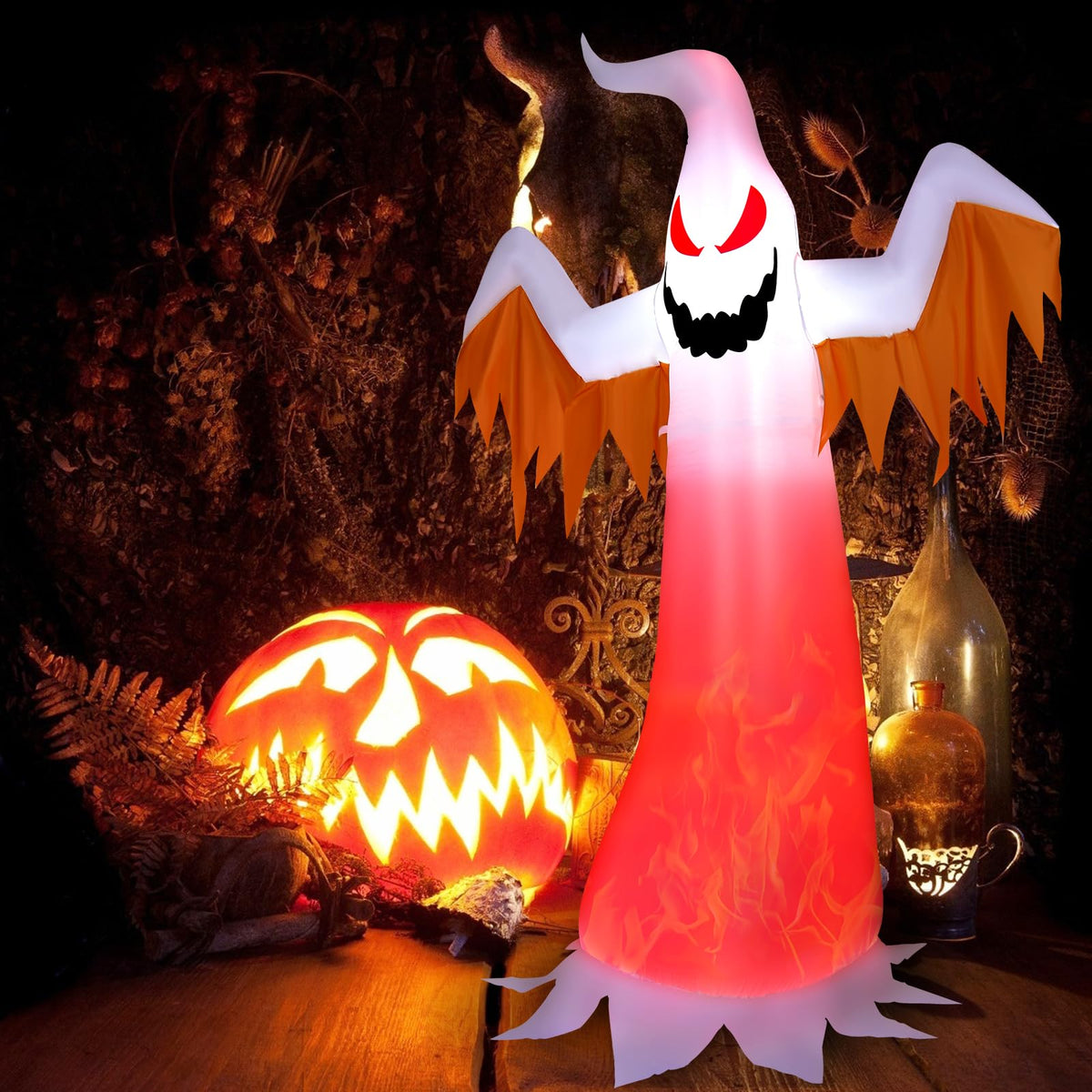 8 FT Halloween Inflatable White Ghost W/ Rotatable Flame LED Lights, Air Blower, Stake, Sandbag