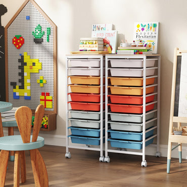 Goflame 10-Drawer Rolling Storage Cart Mobile Utility Organizer with Wooden Tabletop and Lockable Wheels