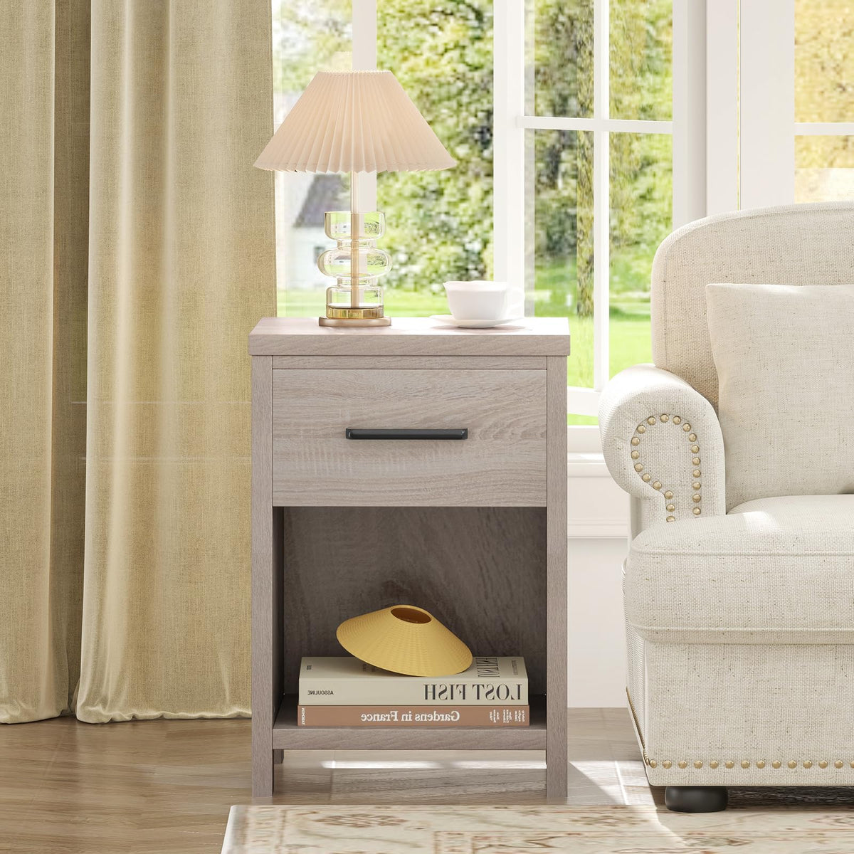 Goflame Wooden Bedside Table with Storage Drawer and Open Shelf