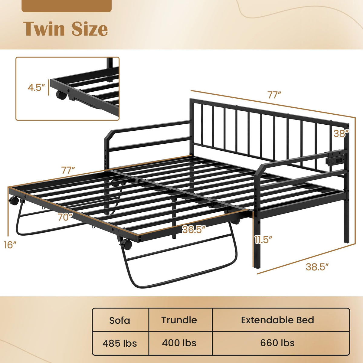 Goflame Twin Daybed with Trundle, Twin Bed Frame with Charging Station & LED Lights, Metal Trundle Bed Twin w/Steel Slats Support